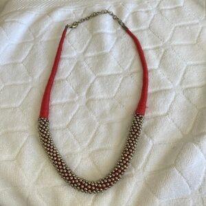 Vintage Joan Rivers necklace silver metal beaded thread red and gold 21”